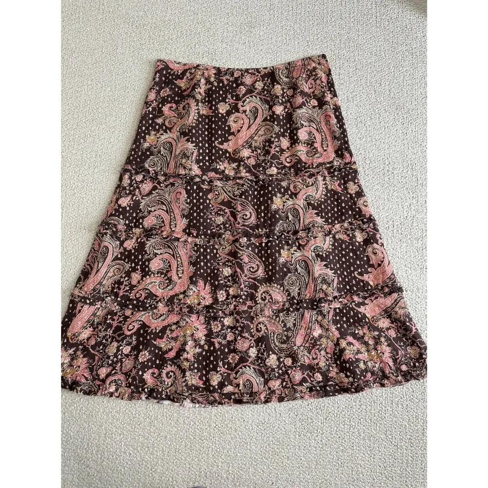 Tapemeasure Tiered Linen Ruffle Midi Skirt Size 16 Brown Paisley Boho - Picture 2 of 11